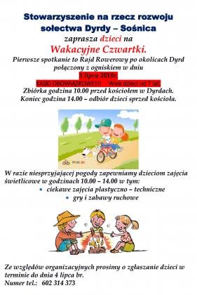 Stowarzyszenie na rzecz rozwoju sołectwa Dyrdy-Sośnica zaprasza dzieci na Wakacyjne Czwartki