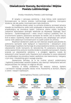 Oświadczenie Starosty, Burmistrzów i Wójtów Powiatu Lublinieckiego