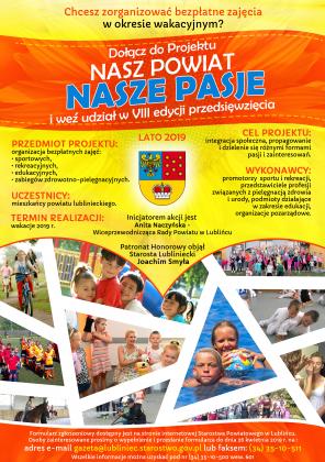 Serdecznie zapraszamy do udziału w VIII edycji projektu 'NASZ POWIAT - NASZE PASJE LATO 2019'