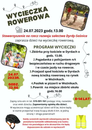 Stowarzyszenie na rzecz rozwoju sołectwa Dyrdy-Sośnica zaprasza dzieci na wycieczkę rowerową 24 lipca 2023 r. godz. 13:00